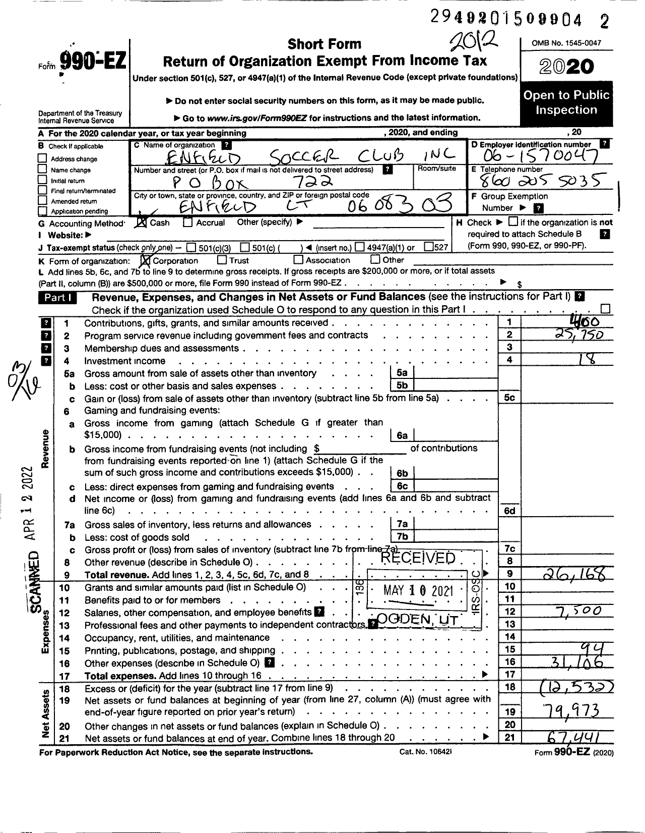 Image of first page of 2020 Form 990EZ for Enfield Soccer Club