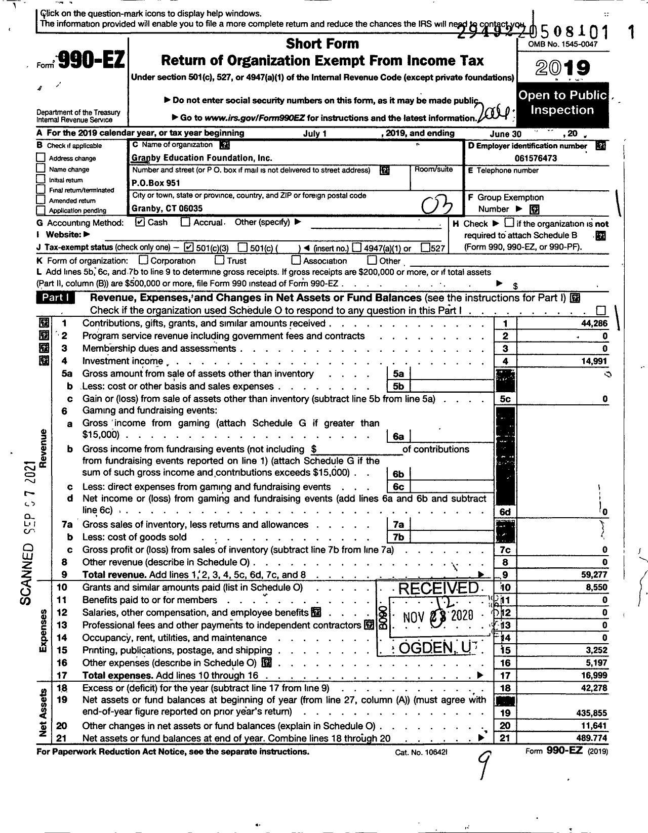 Image of first page of 2019 Form 990EZ for Granby Education Foundation