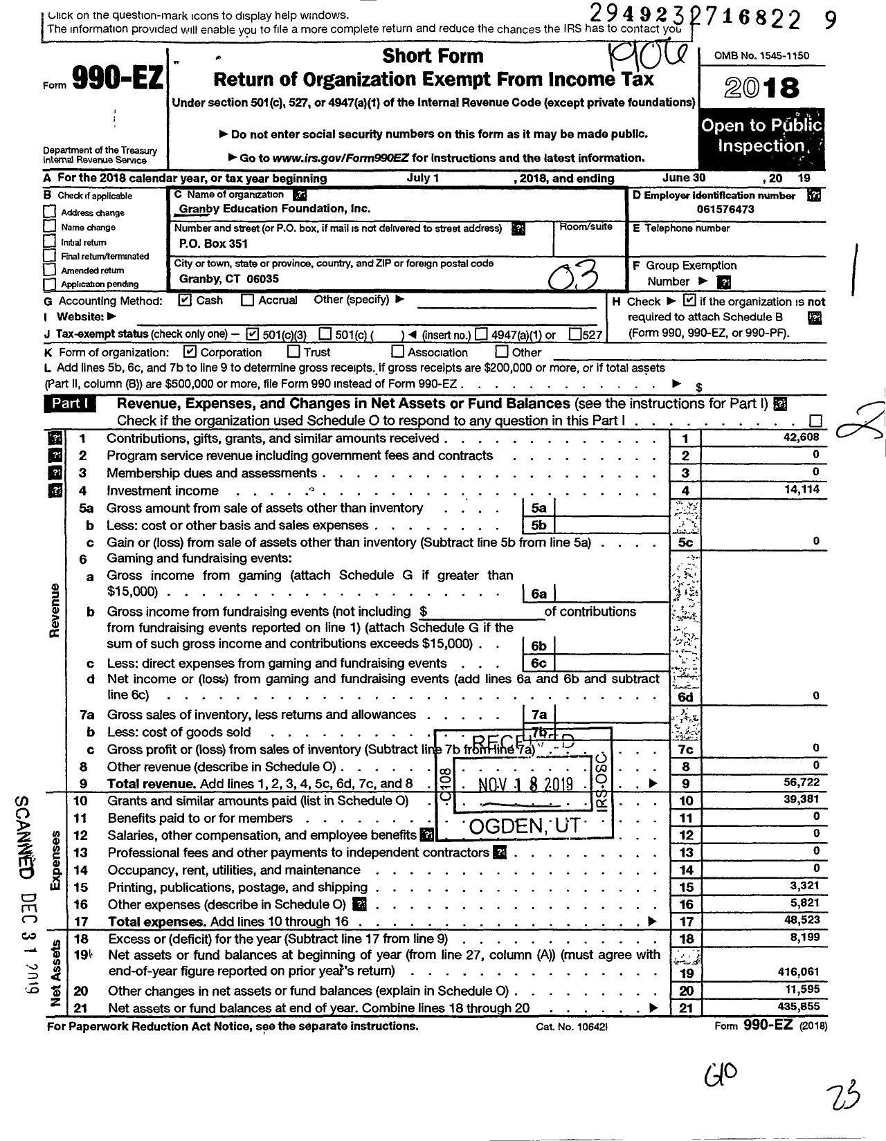 Image of first page of 2018 Form 990EZ for Granby Education Foundation