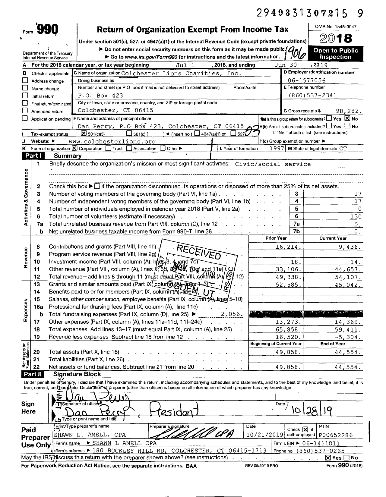 Image of first page of 2018 Form 990 for Colchester Lions Charities