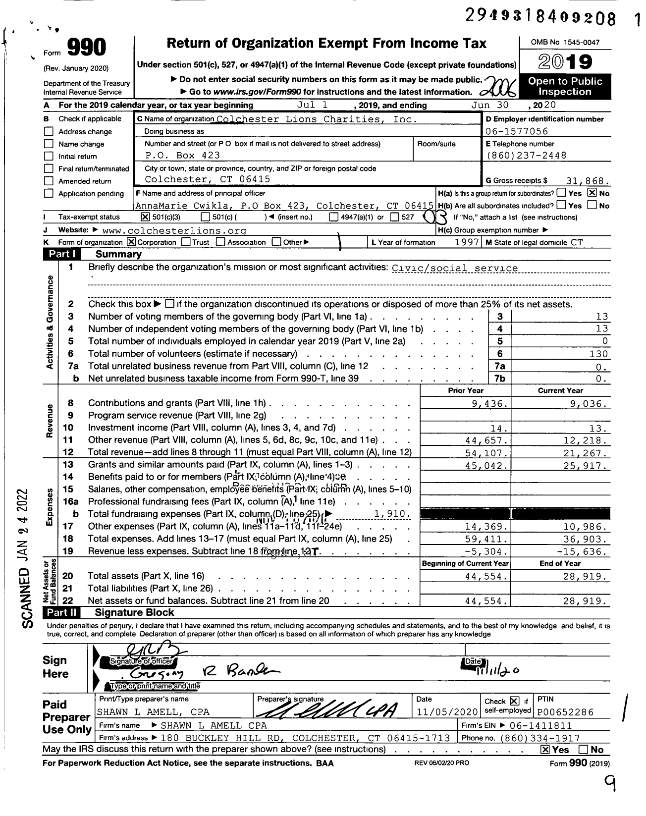 Image of first page of 2019 Form 990 for Colchester Lions Charities