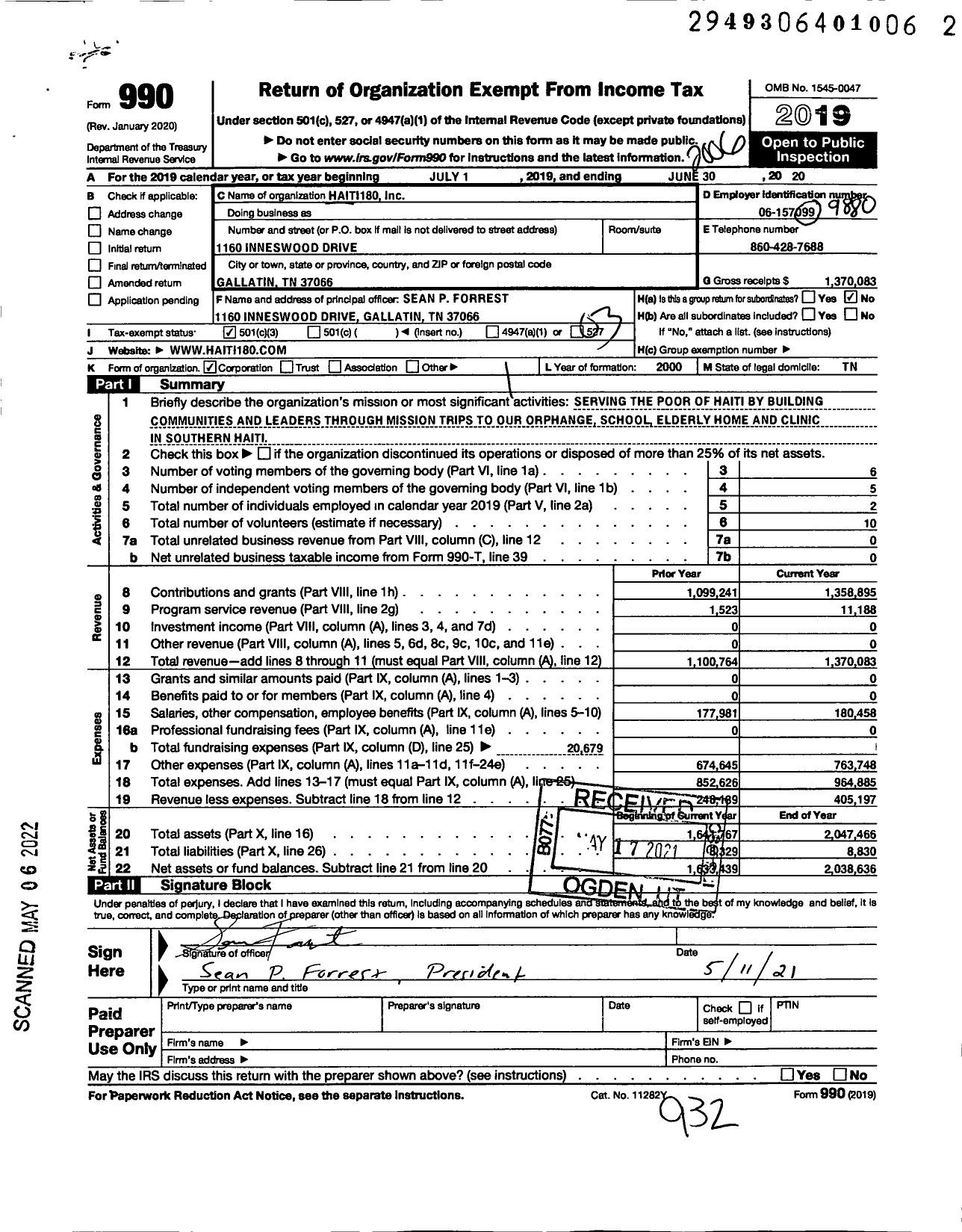 Image of first page of 2019 Form 990 for Haiti180