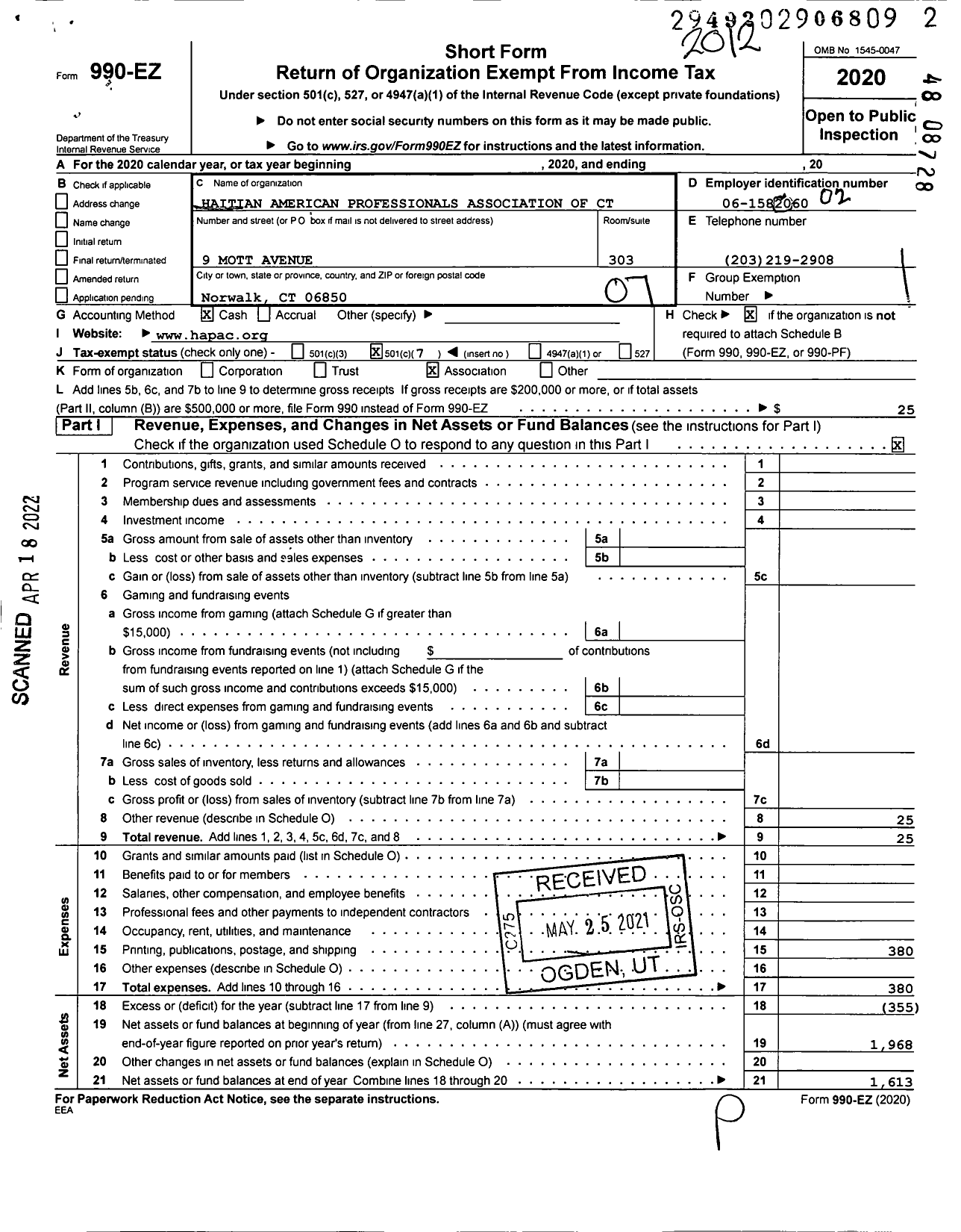 Image of first page of 2020 Form 990EO for Haitian American Professionals Association of CT (HAPAC)