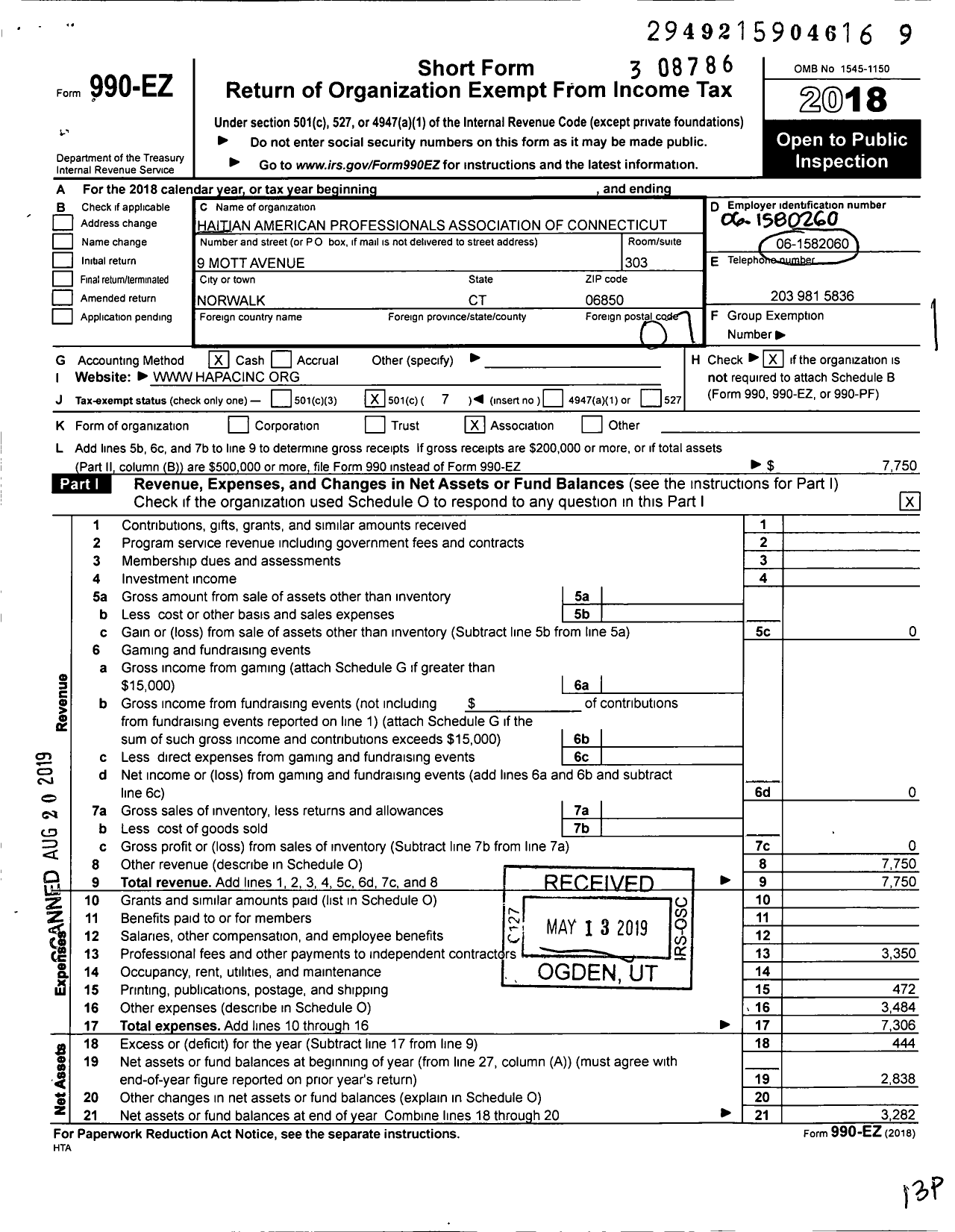 Image of first page of 2018 Form 990EO for Haitian American Professionals Association of CT (HAPAC)