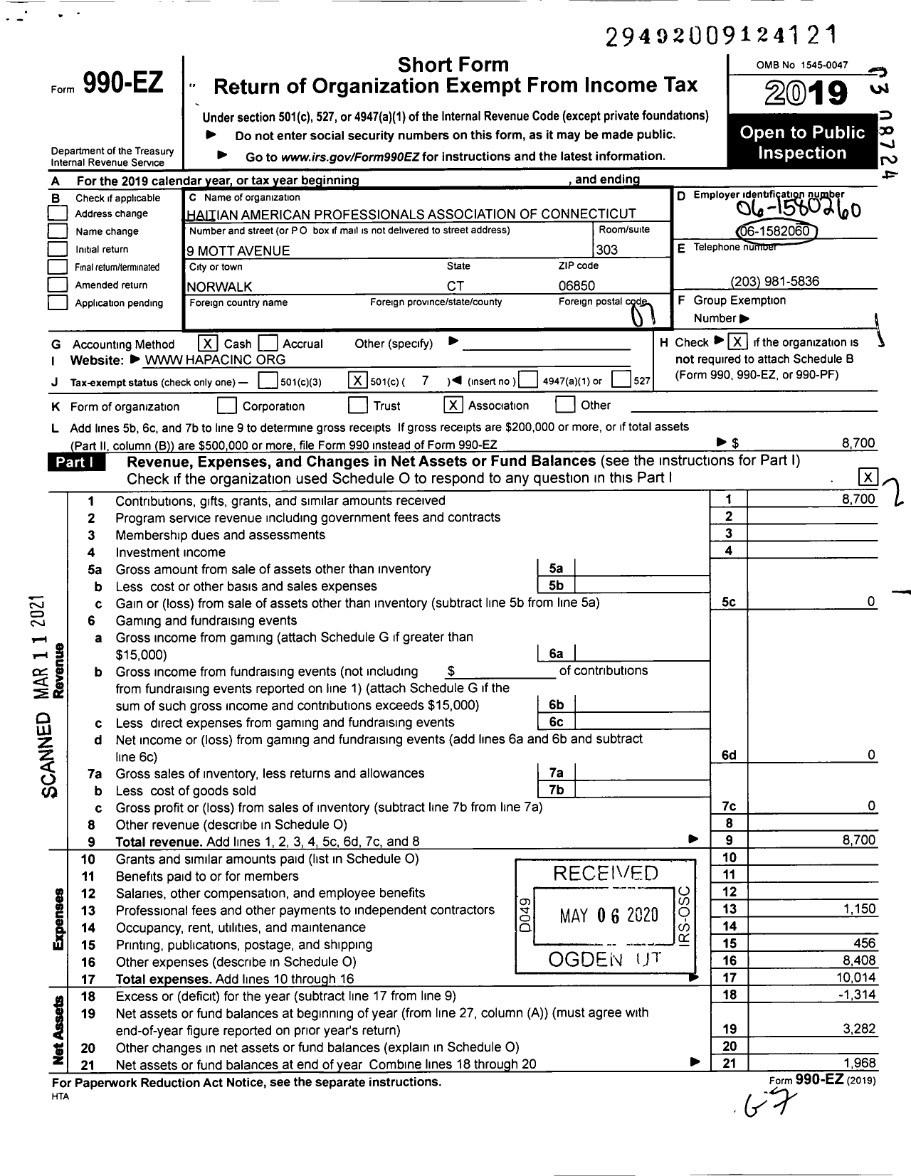 Image of first page of 2019 Form 990EO for Haitian American Professionals Association of CT (HAPAC)