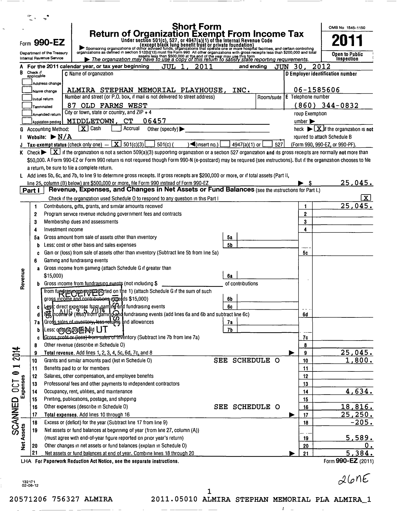 Image of first page of 2011 Form 990EZ for Almira Stephan Memorial Playhouse