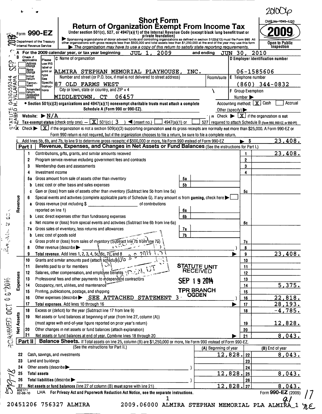 Image of first page of 2009 Form 990EZ for Almira Stephan Memorial Playhouse