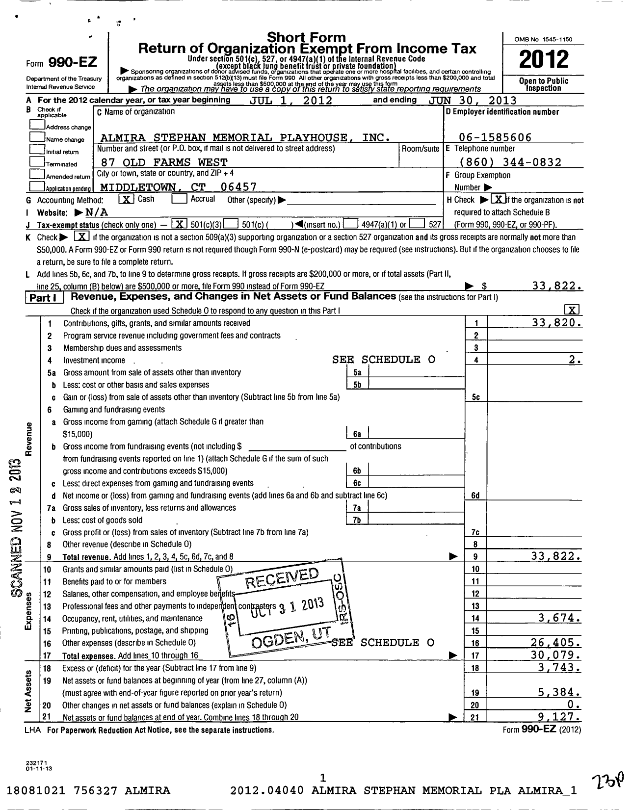 Image of first page of 2012 Form 990EZ for Almira Stephan Memorial Playhouse