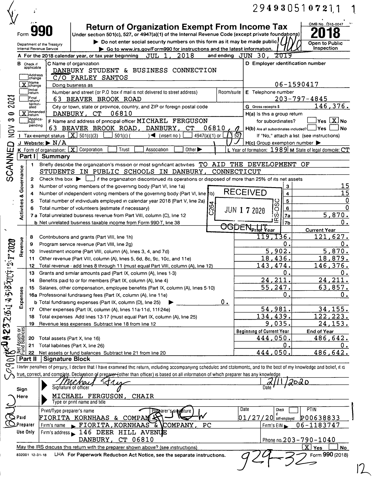 Image of first page of 2018 Form 990 for Danbury Student and Business Connection