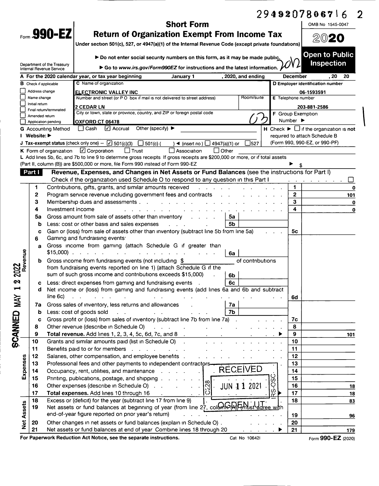 Image of first page of 2020 Form 990EZ for Electronic Valley