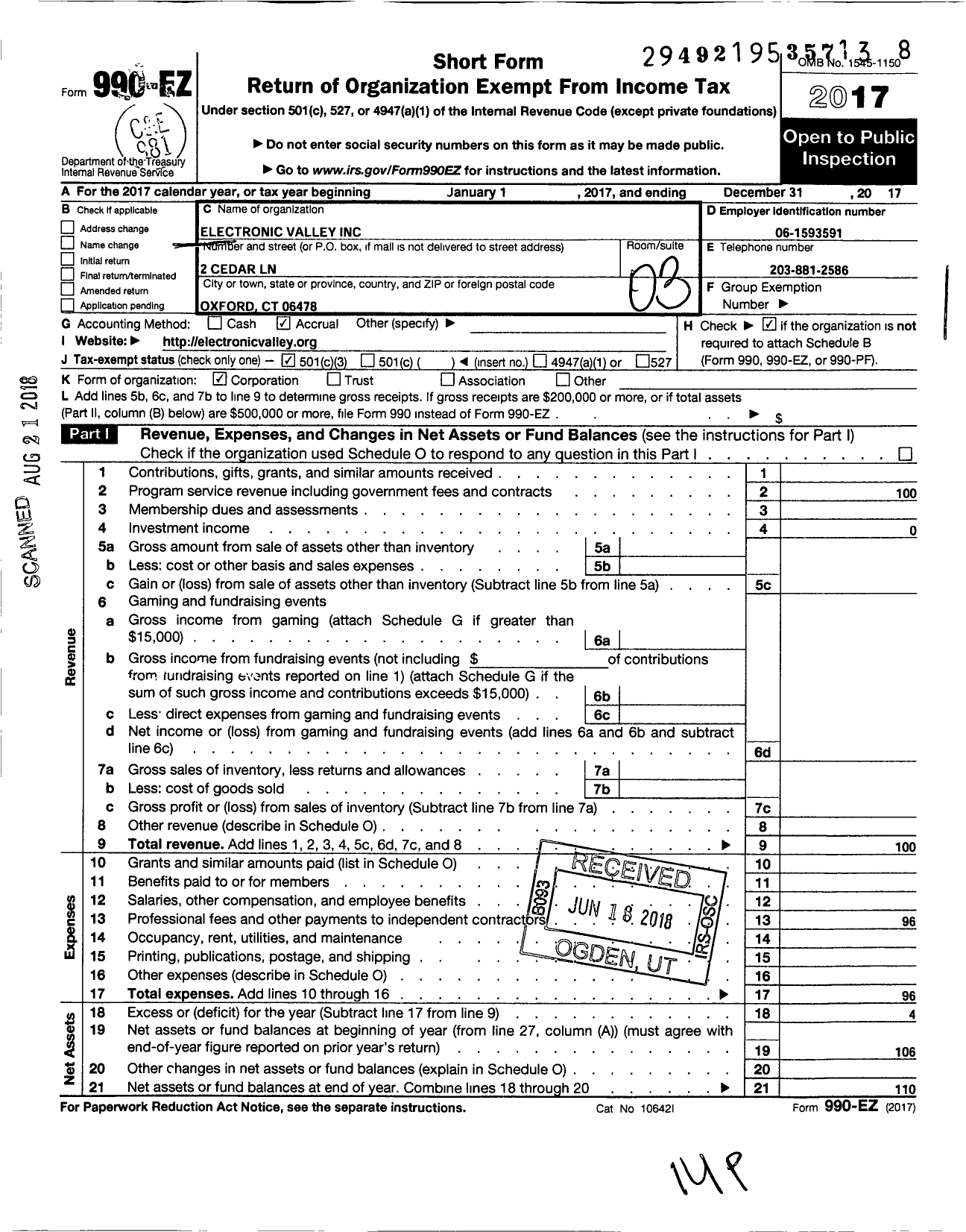 Image of first page of 2017 Form 990EZ for Electronic Valley