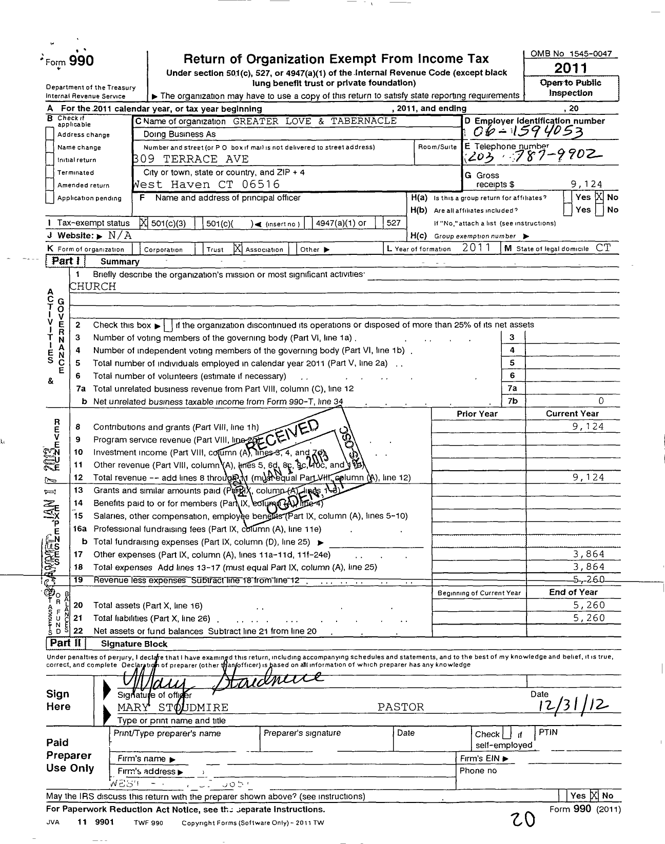 Image of first page of 2011 Form 990 for Greater Apostolic Love and Faith Tabernacle