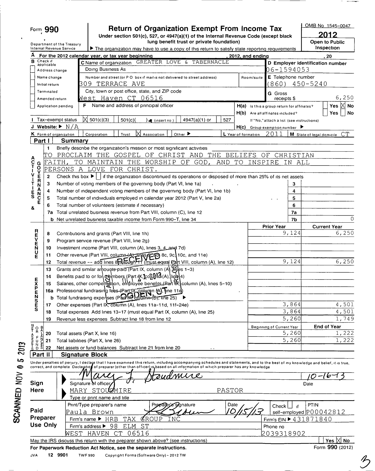 Image of first page of 2012 Form 990 for Greater Apostolic Love and Faith Tabernacle