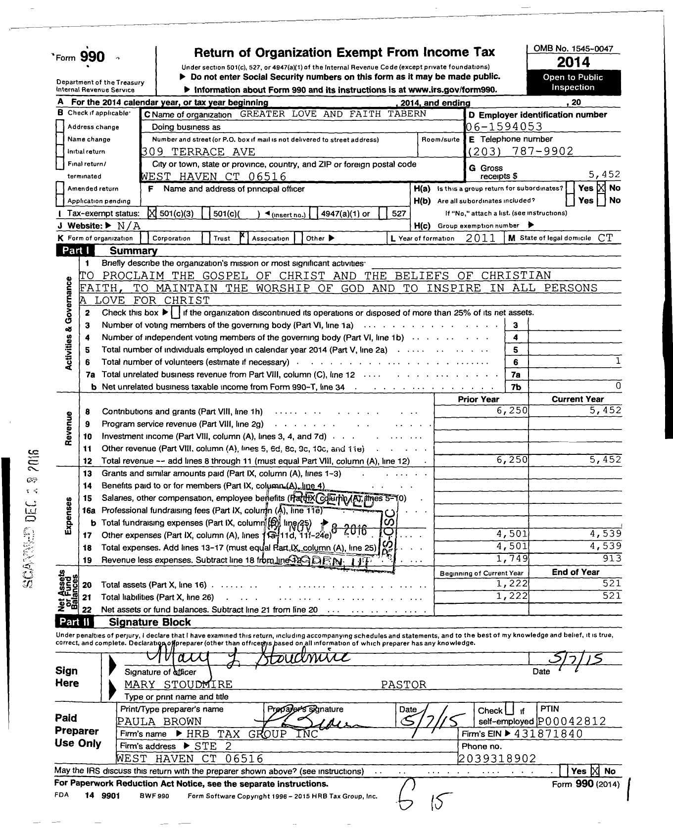 Image of first page of 2014 Form 990 for Greater Apostolic Love and Faith Tabernacle