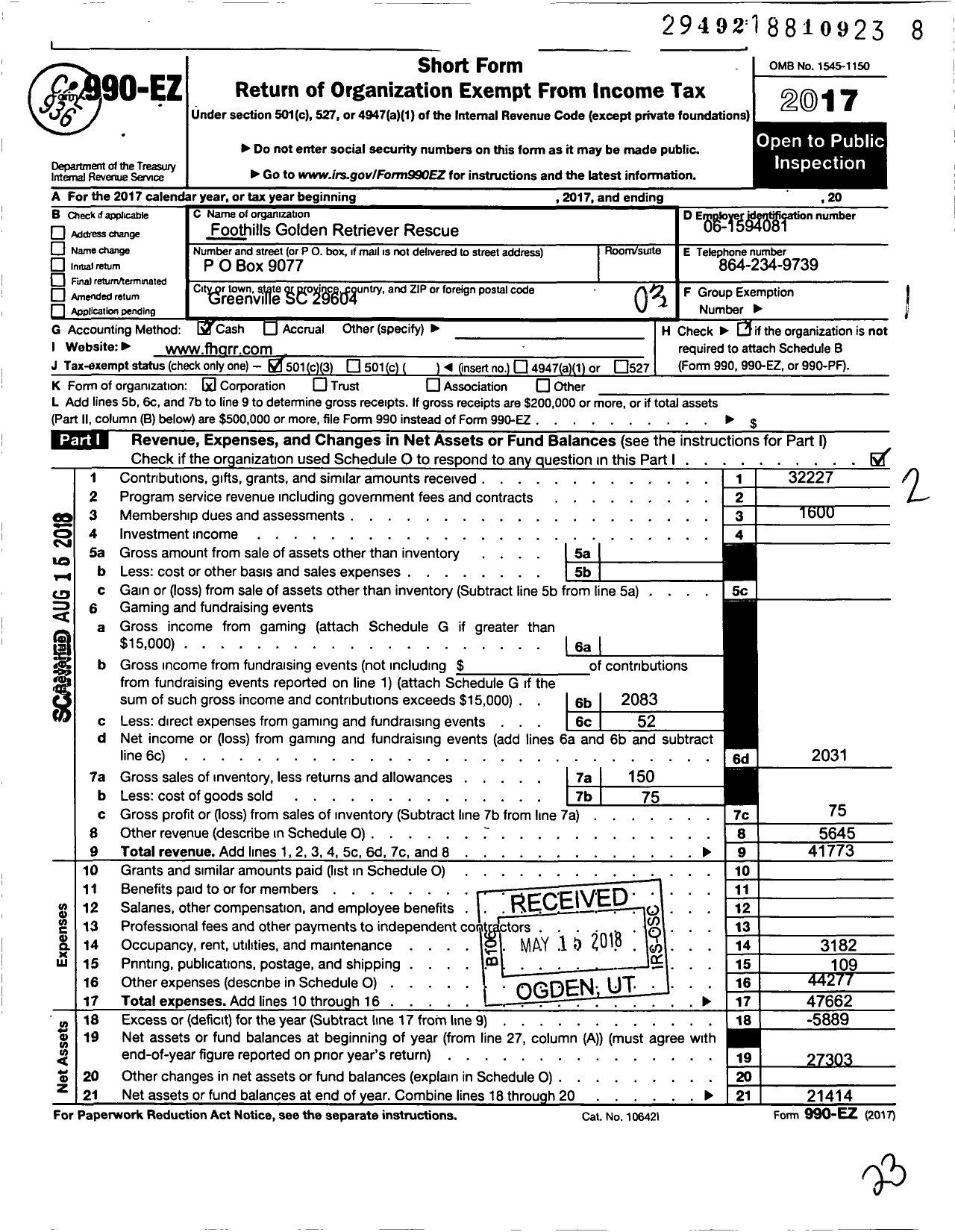 Image of first page of 2017 Form 990EZ for Foothills Golden Retriver Rescue