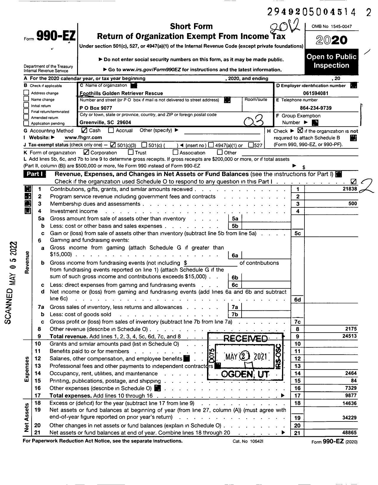 Image of first page of 2020 Form 990EZ for Foothills Golden Retriver Rescue