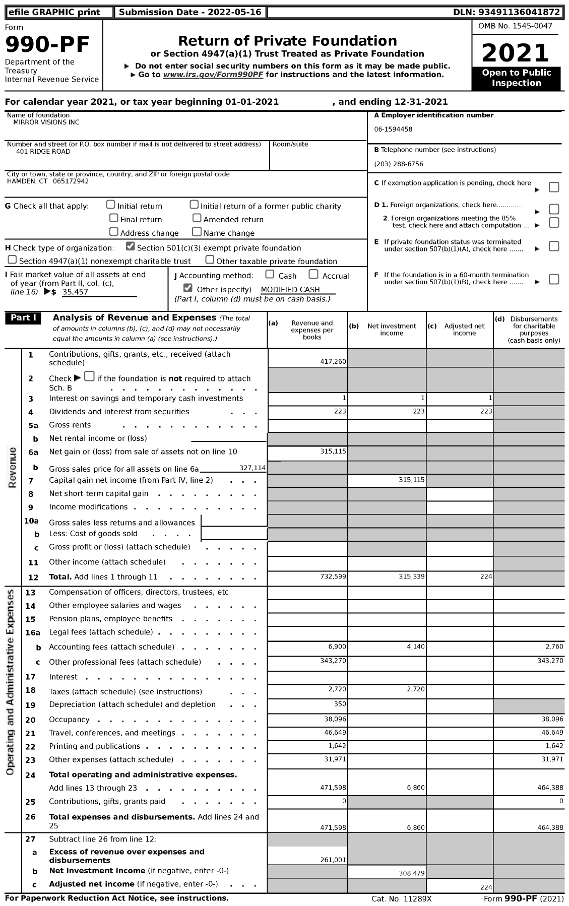 Image of first page of 2021 Form 990PF for Mirror Visions