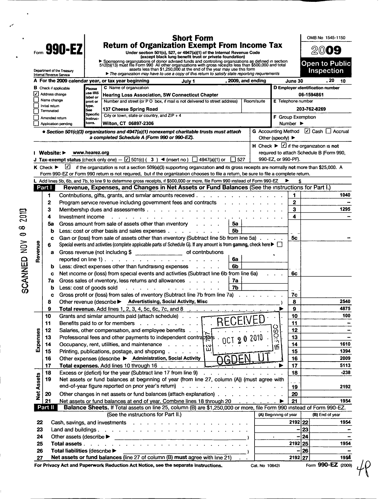 Image of first page of 2009 Form 990EZ for Hearing Loss Association of America / Southwest Connecticut Chapter