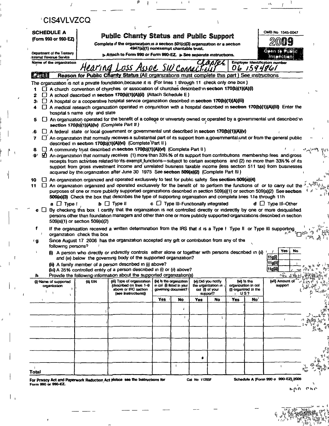 Image of first page of 2009 Form 990ER for Hearing Loss Association of America / Southwest Connecticut Chapter