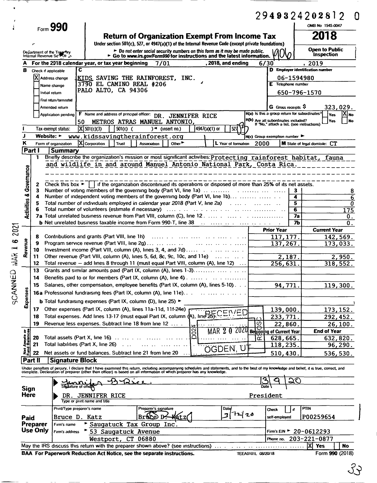 Image of first page of 2018 Form 990 for Kids Saving the Rainforest