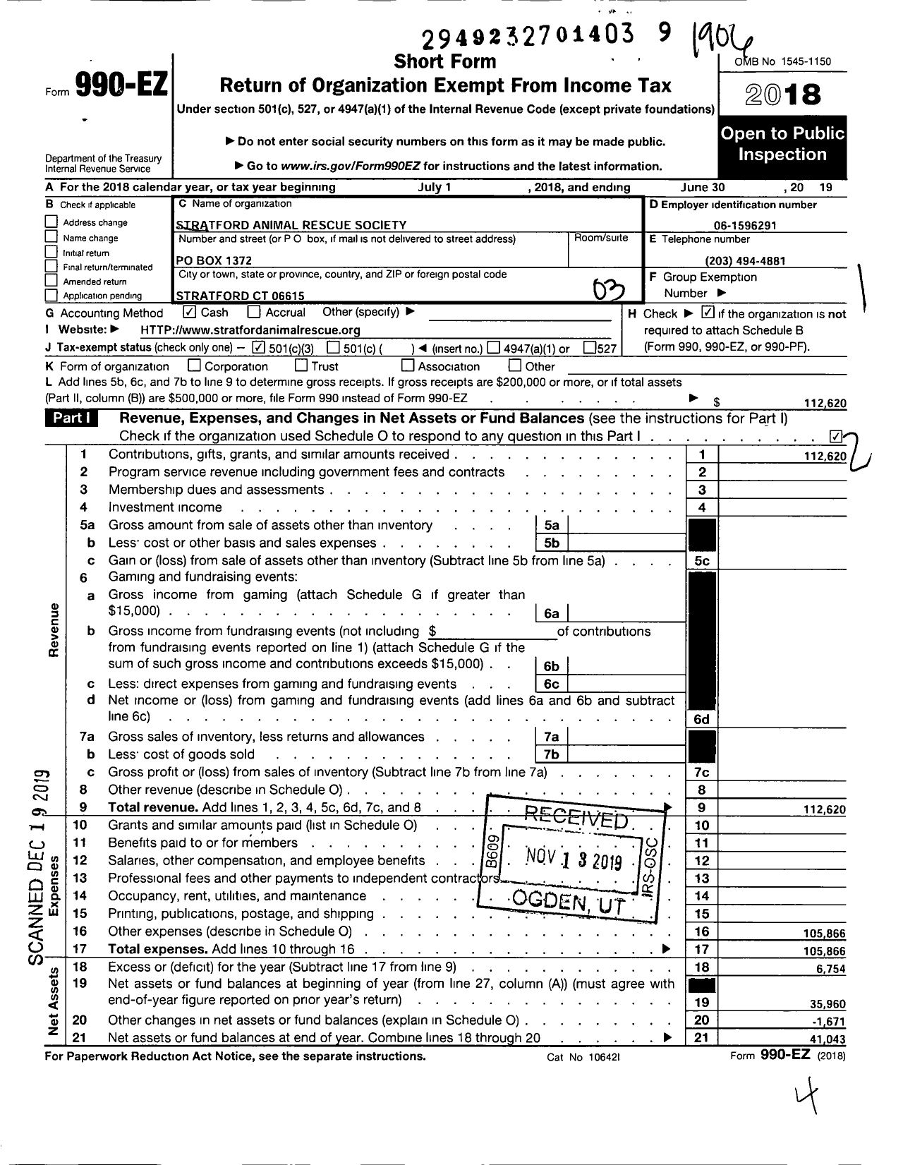 Image of first page of 2018 Form 990EZ for Stratford Animal Rescue Society