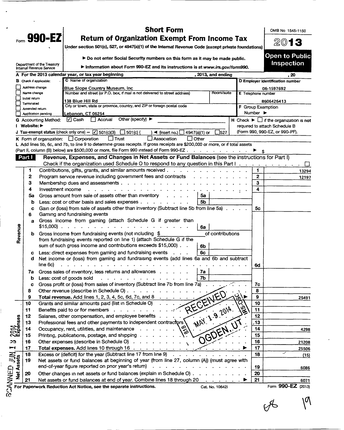 Image of first page of 2013 Form 990EZ for Blue Slope Country Museum