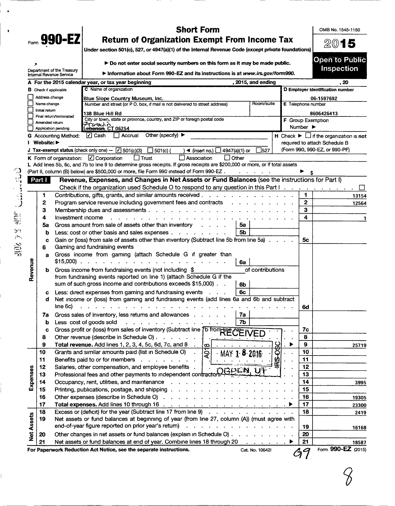 Image of first page of 2015 Form 990EZ for Blue Slope Country Museum