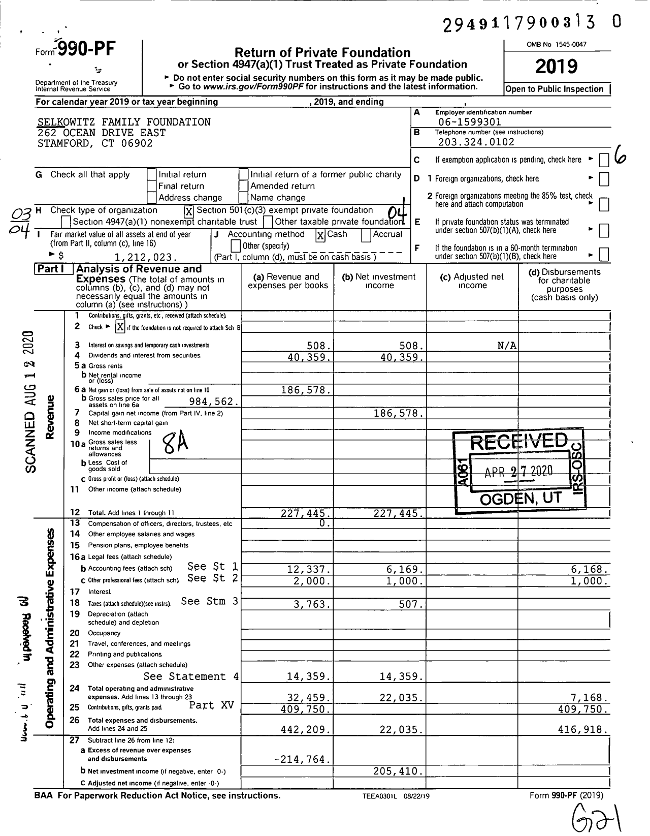 Image of first page of 2019 Form 990PR for Selkowitz Family Foundation