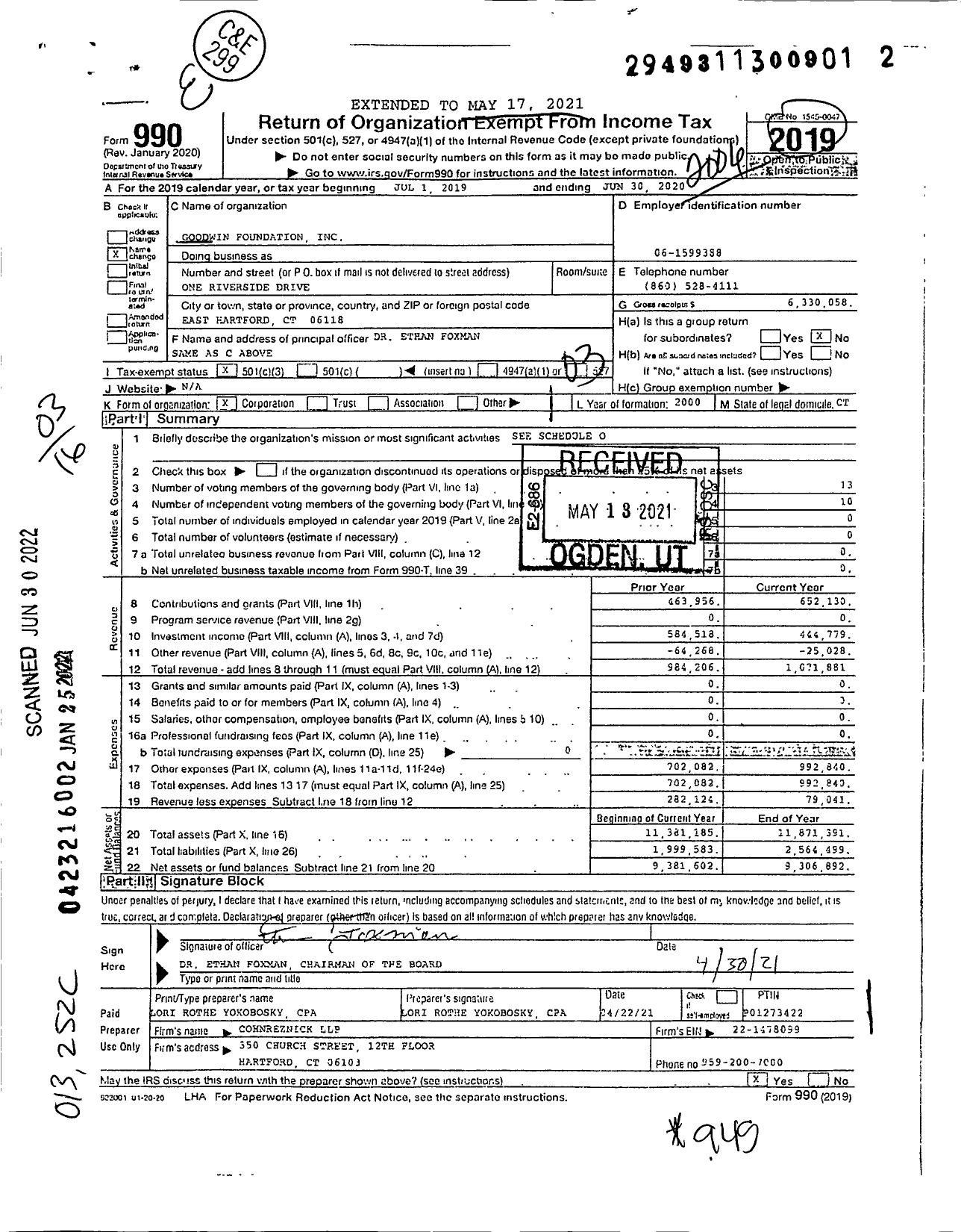 Image of first page of 2019 Form 990 for Goodwin Foundation