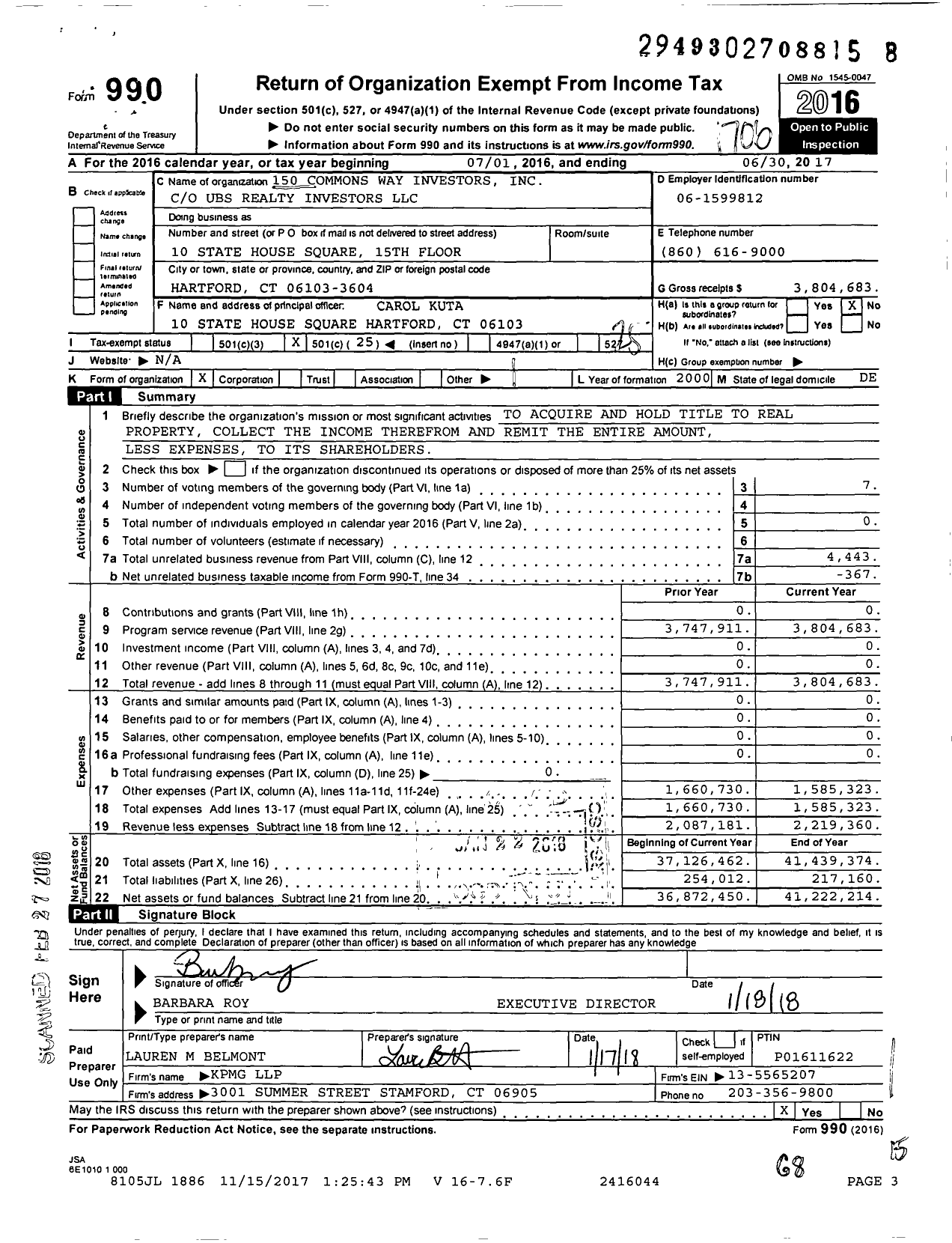 Image of first page of 2016 Form 990O for 150 Commons Way Investors
