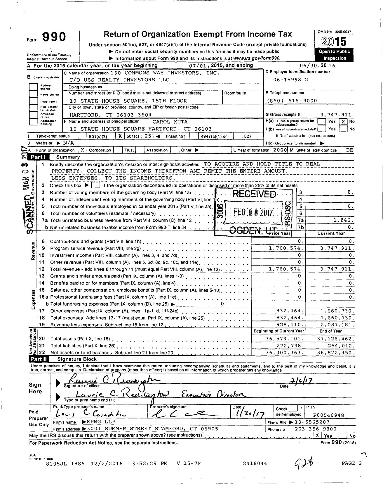 Image of first page of 2015 Form 990O for 150 Commons Way Investors