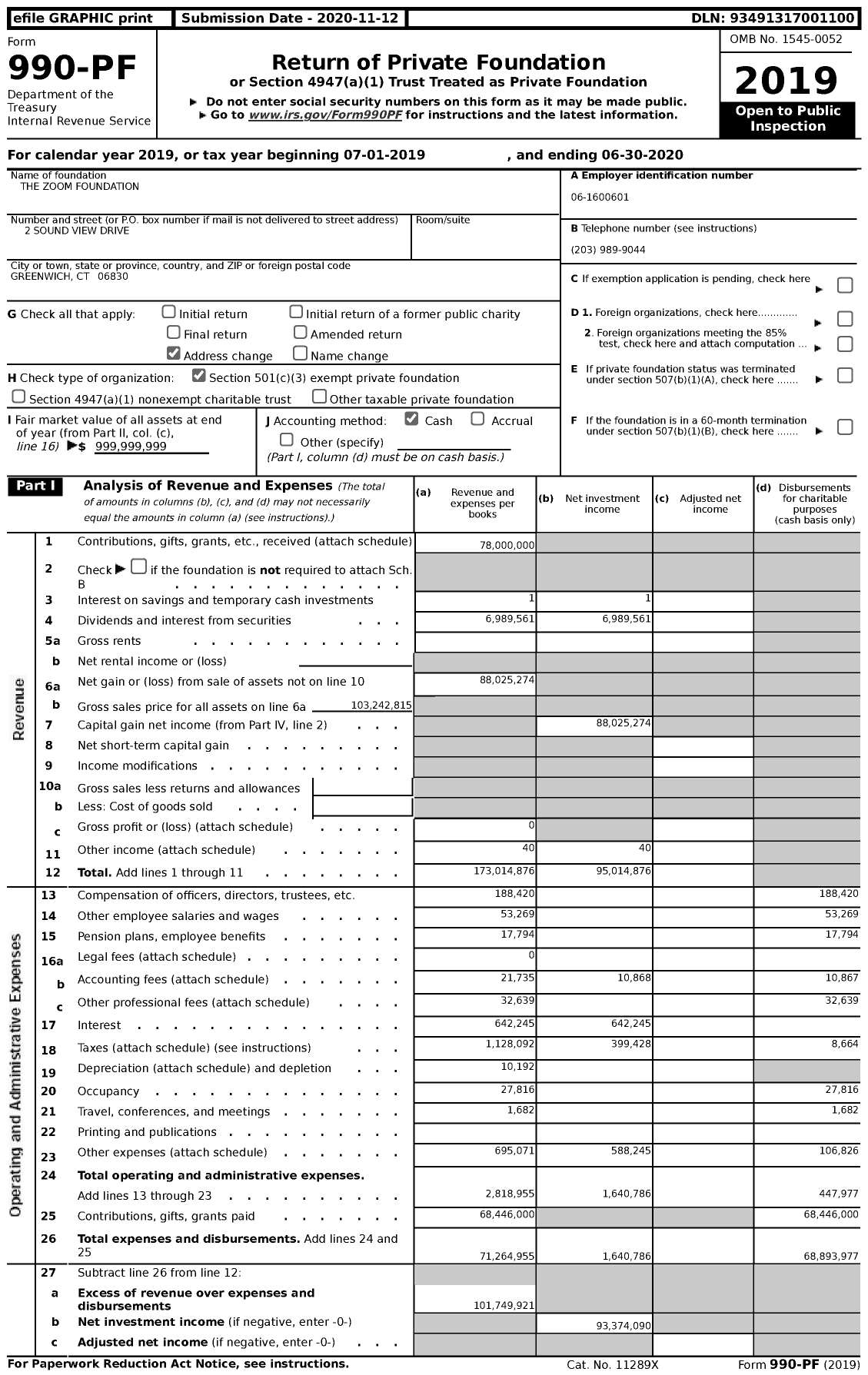 Image of first page of 2019 Form 990PF for ZOOM Foundation