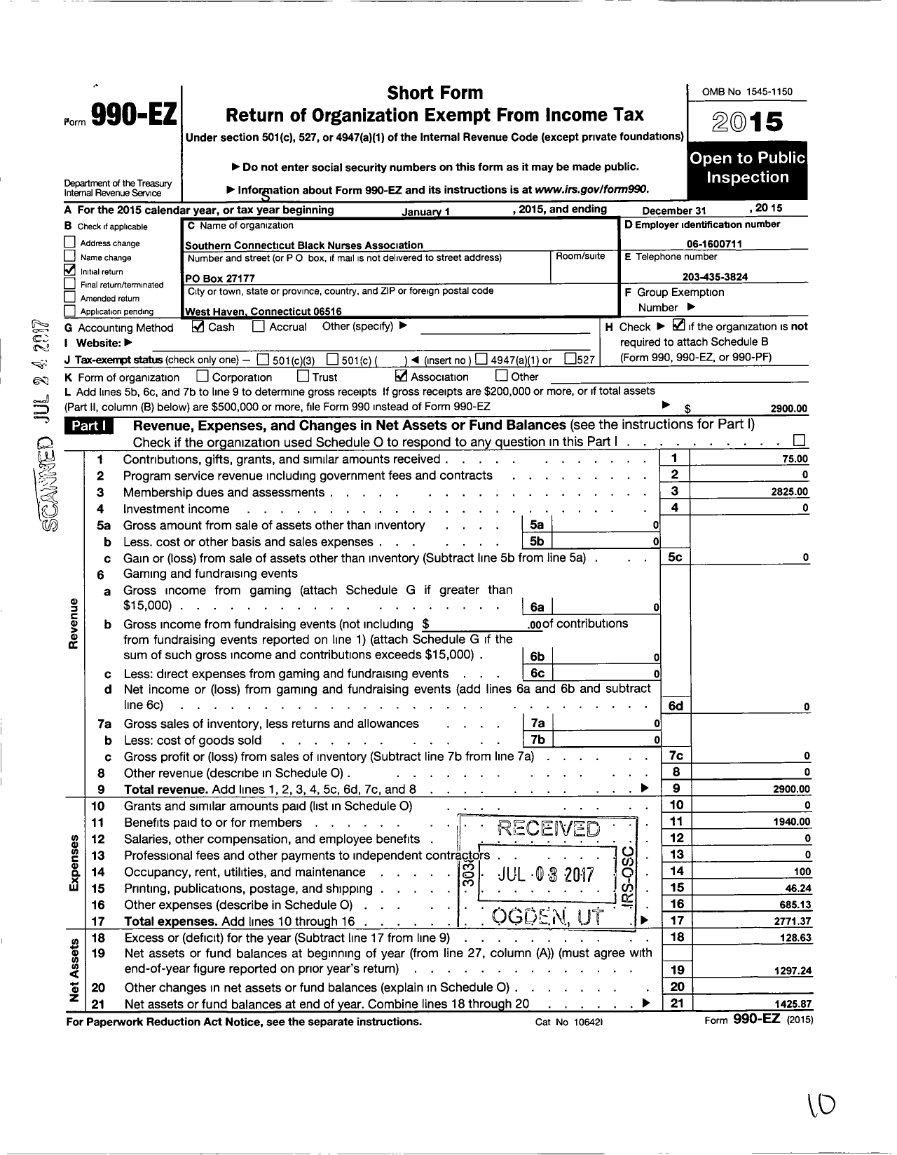 Image of first page of 2015 Form 990EO for Southern Connecticut Black Nurses Association