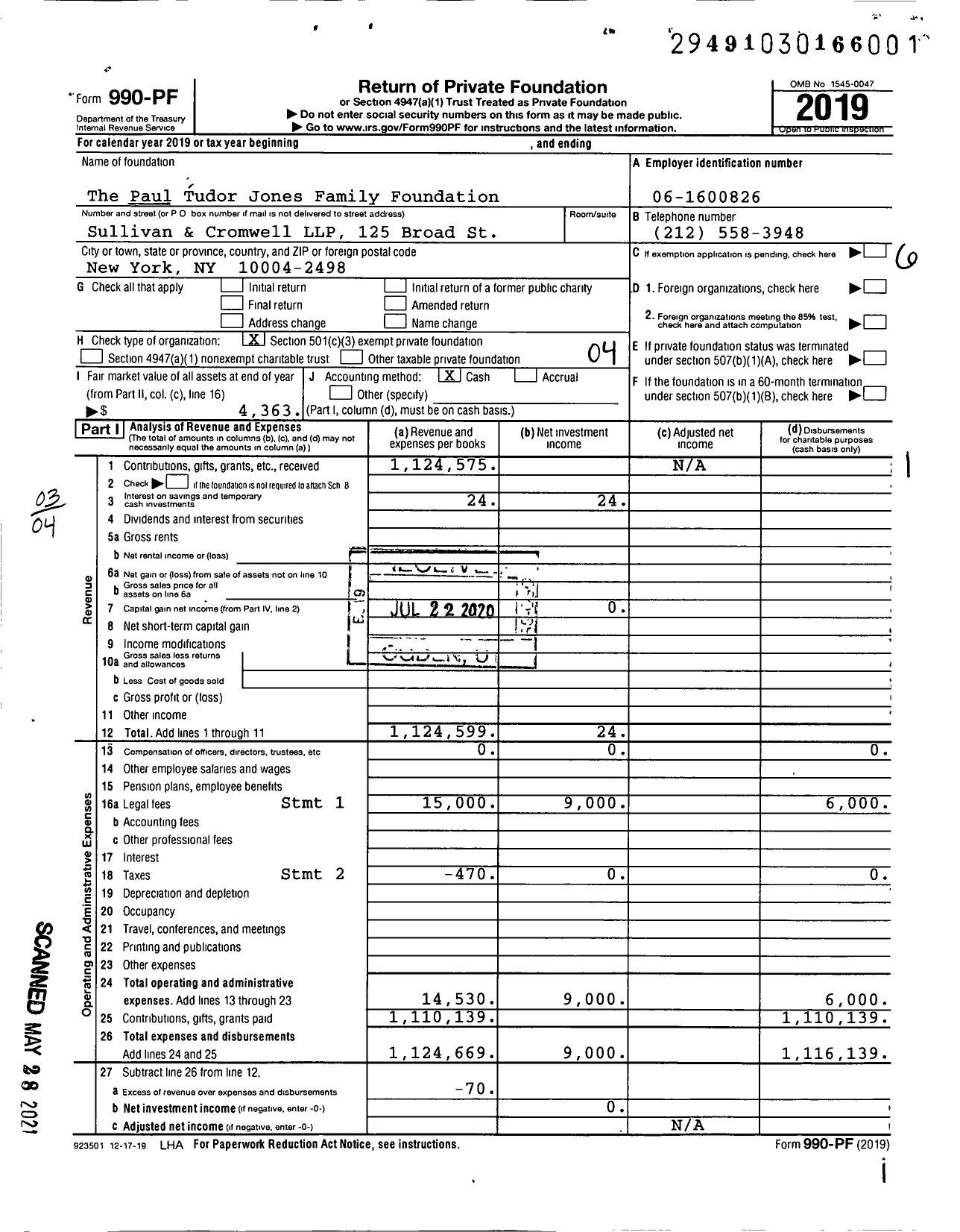 Image of first page of 2019 Form 990PF for The Paul Tudor Jones Family Foundation