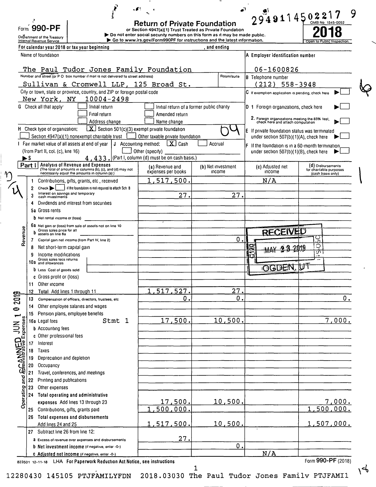 Image of first page of 2018 Form 990PF for The Paul Tudor Jones Family Foundation