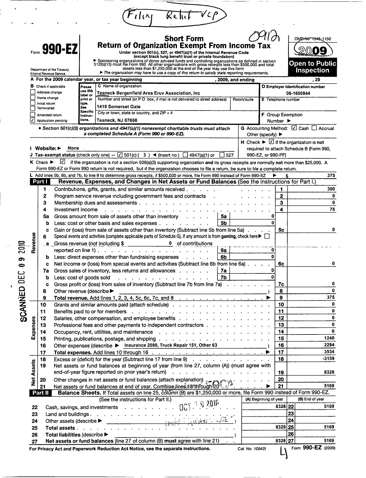 Image of first page of 2009 Form 990EZ for Teaneck Bergenfield Area Eruv Association