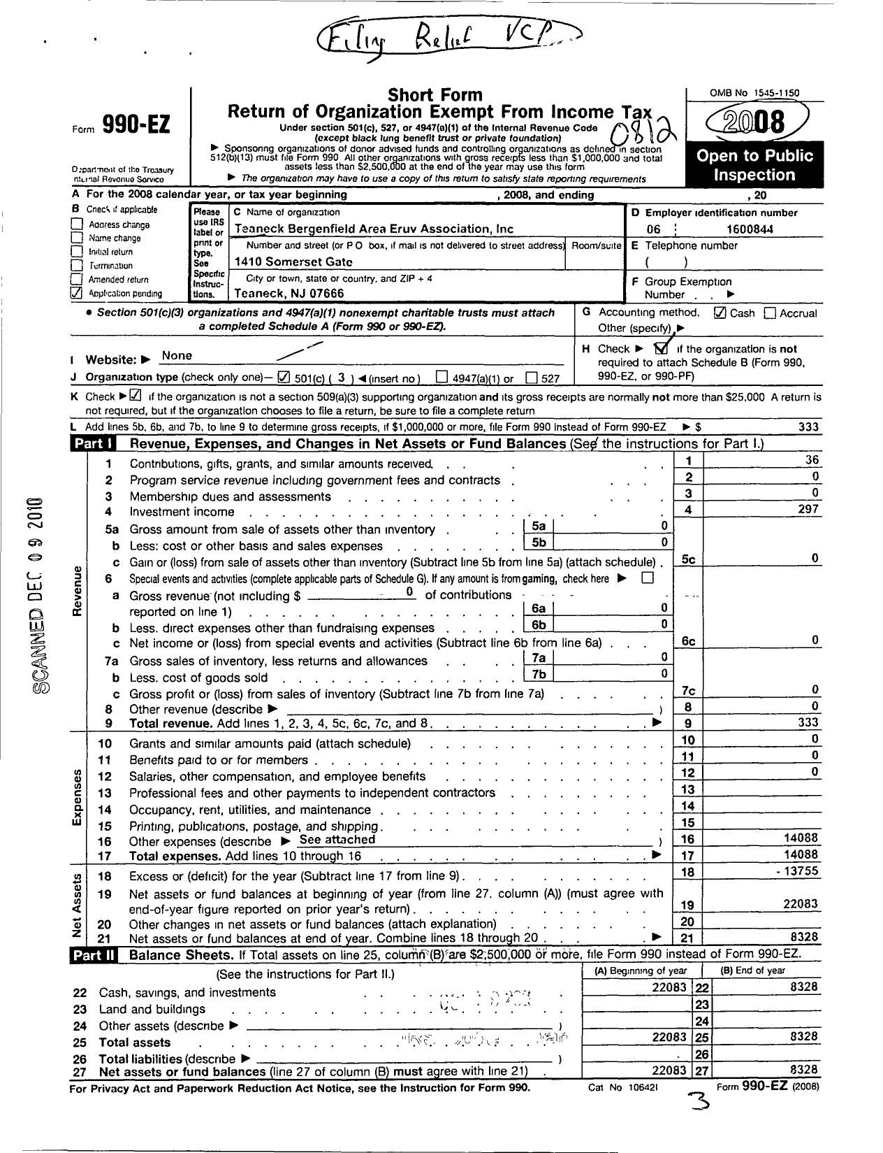 Image of first page of 2008 Form 990EZ for Teaneck Bergenfield Area Eruv Association