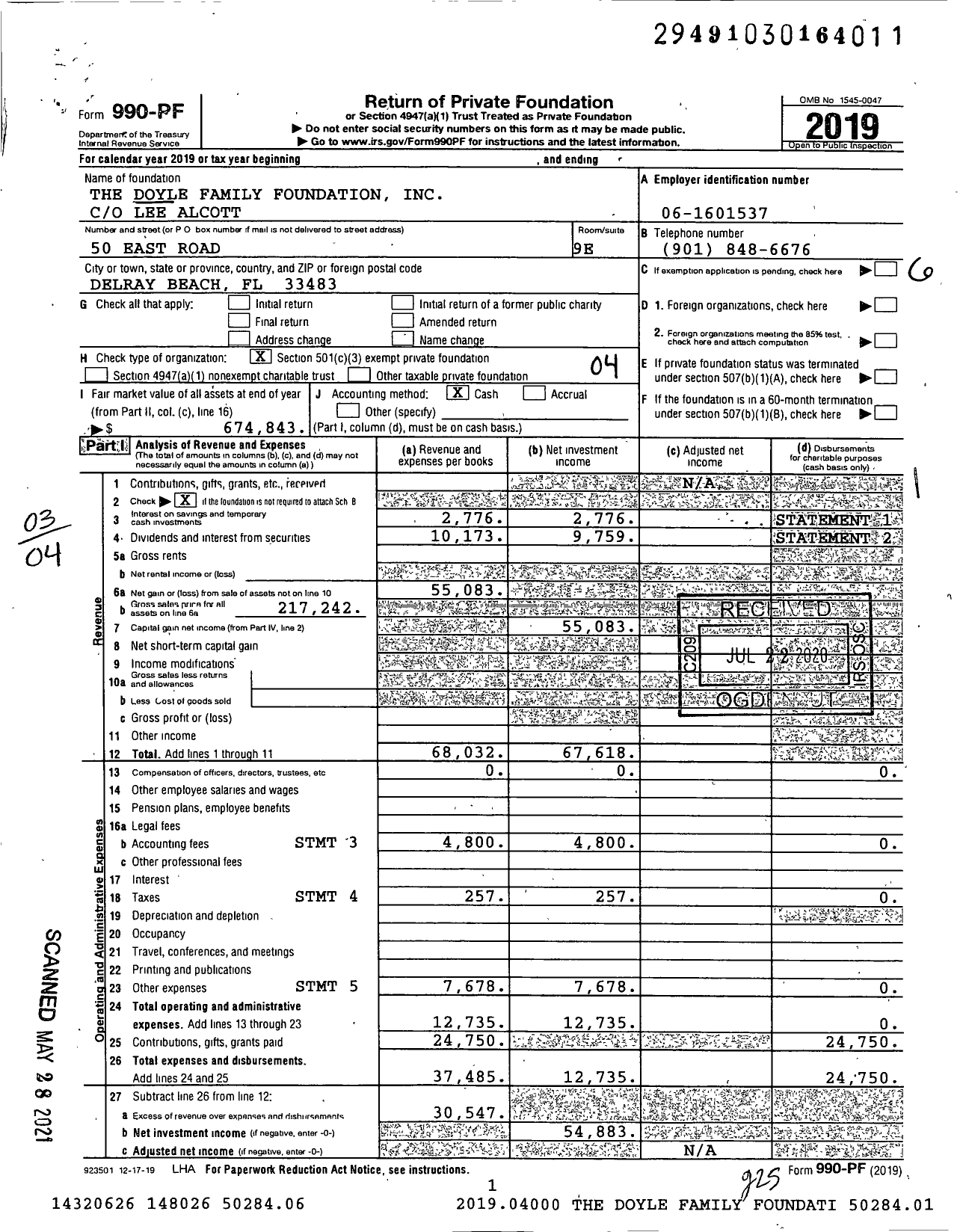 Image of first page of 2019 Form 990PF for The Doyle Family Foundation