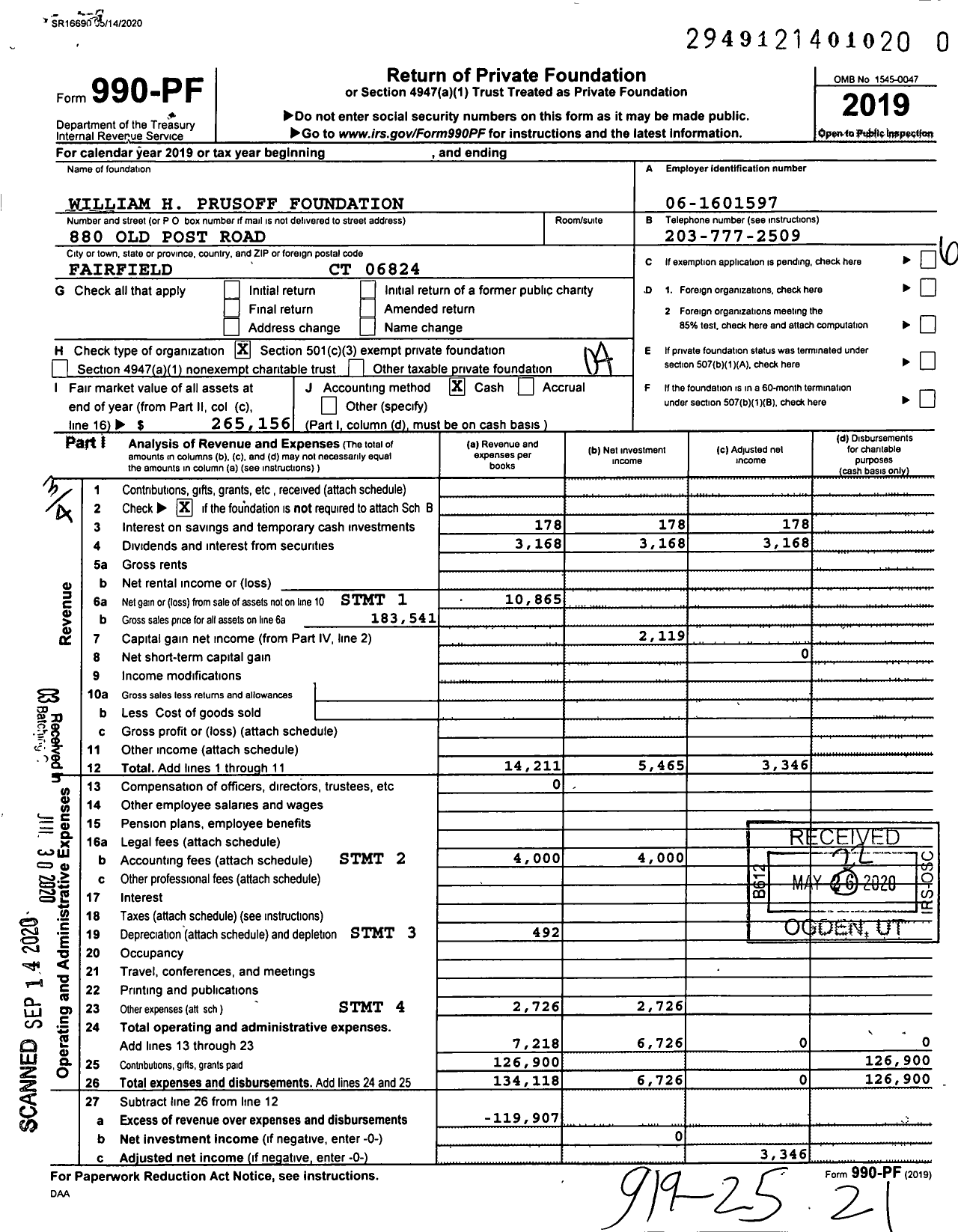 Image of first page of 2019 Form 990PR for William H Prusoff Foundation