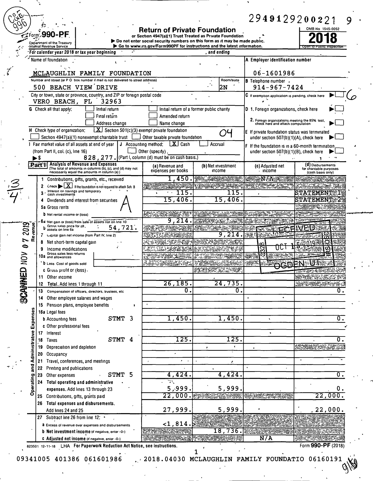 Image of first page of 2018 Form 990PF for Mclaughlin Family Foundation / Mclaughlin Gregory Ttee