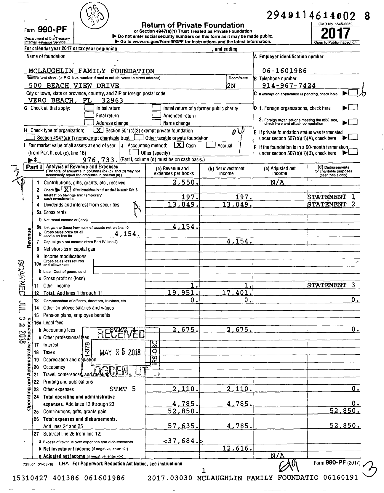 Image of first page of 2017 Form 990PF for Mclaughlin Family Foundation / Mclaughlin Gregory Ttee