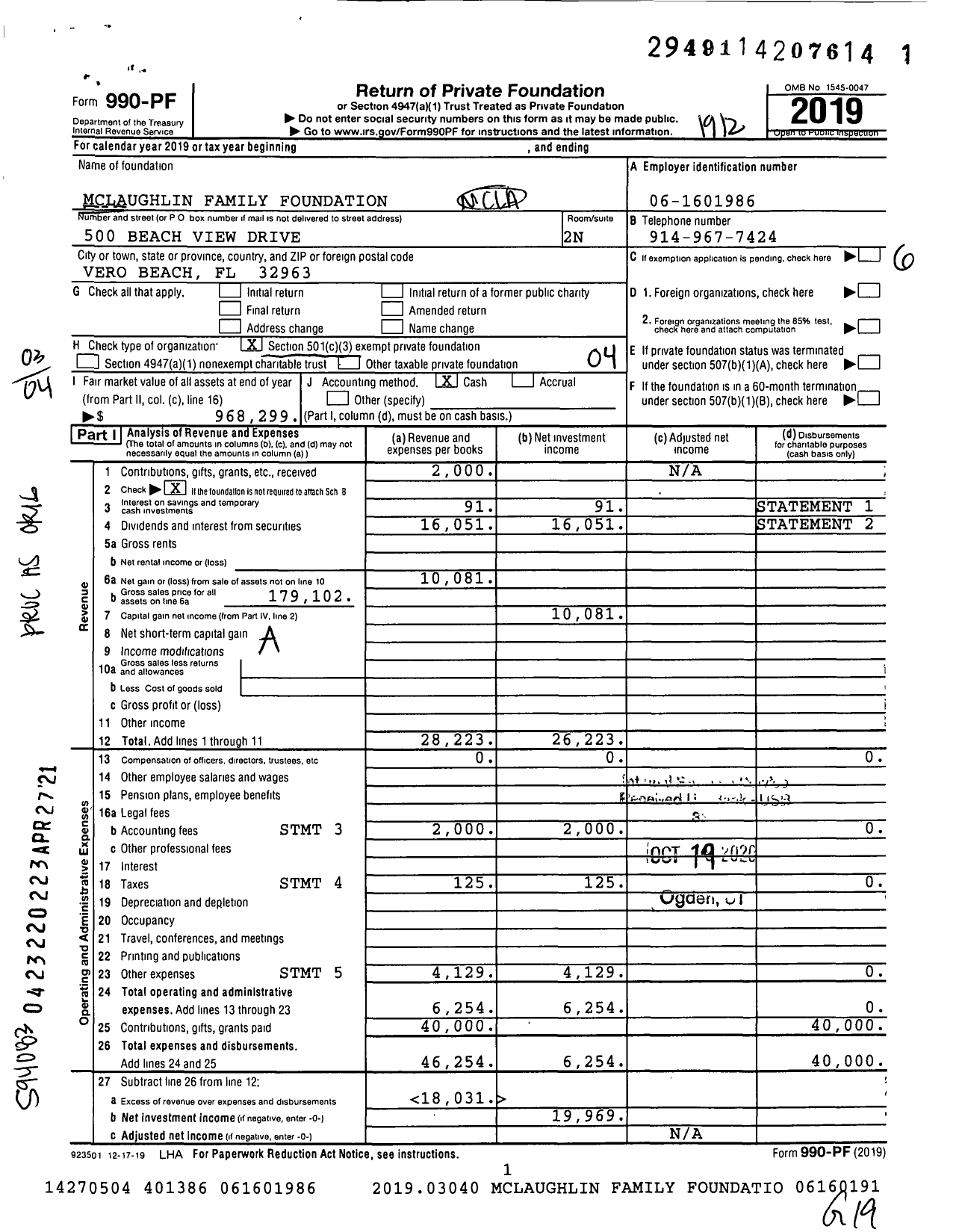 Image of first page of 2019 Form 990PF for Mclaughlin Family Foundation / Mclaughlin Gregory Ttee