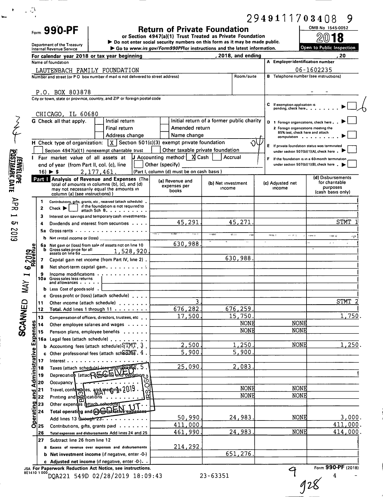 Image of first page of 2018 Form 990PF for Lautenbach Family Foundation