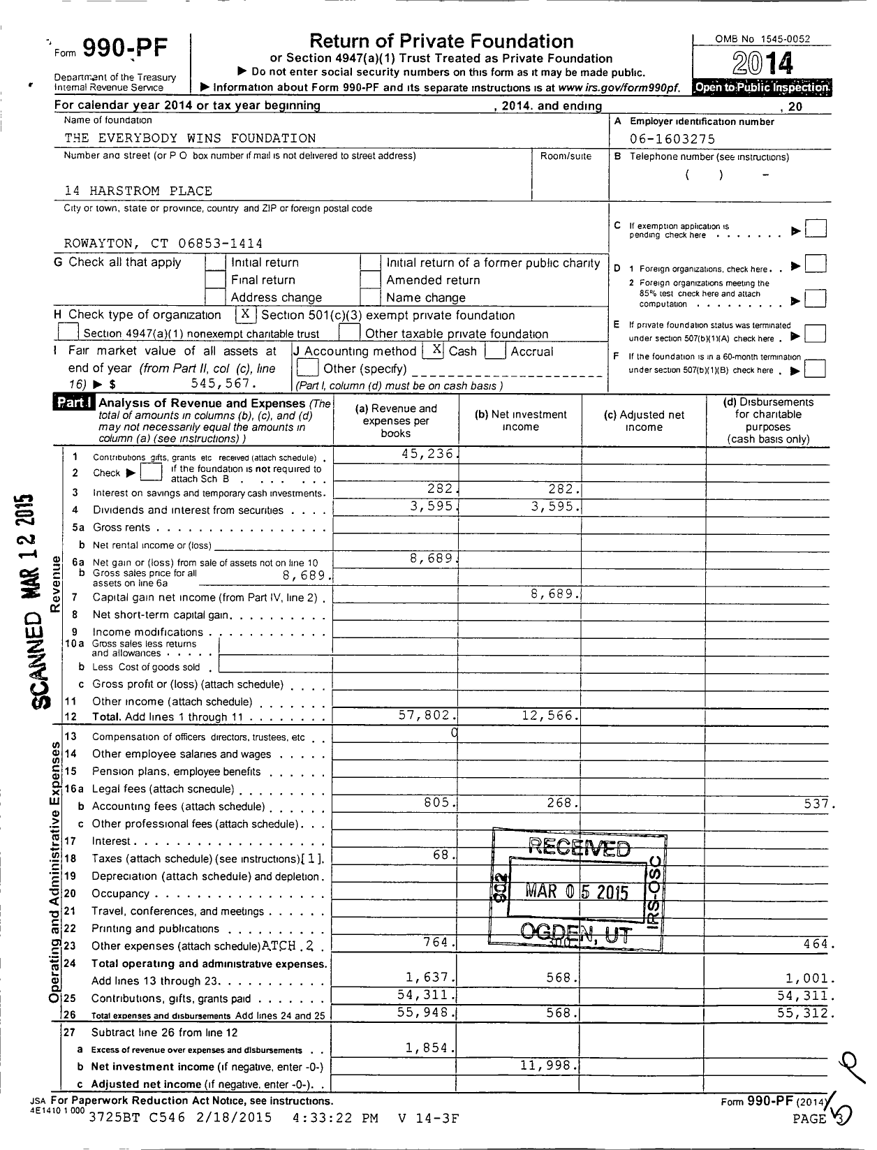Image of first page of 2014 Form 990PF for The Everybody Wins Foundation