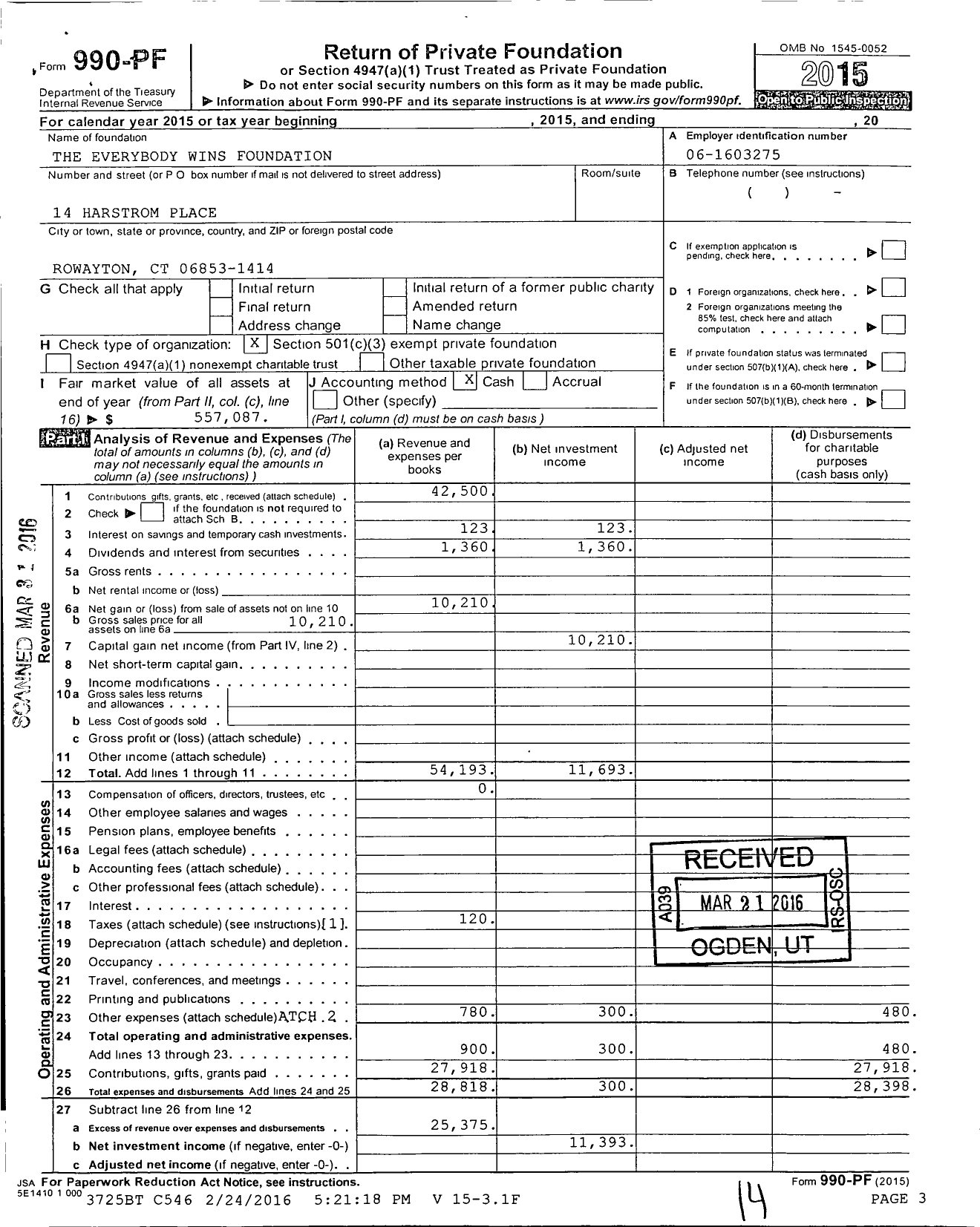 Image of first page of 2015 Form 990PF for The Everybody Wins Foundation