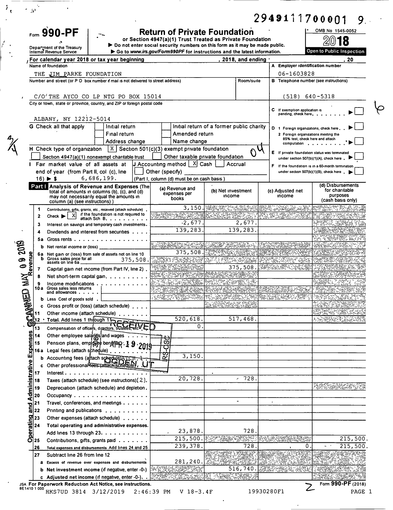 Image of first page of 2018 Form 990PF for The Jim Parke Foundation