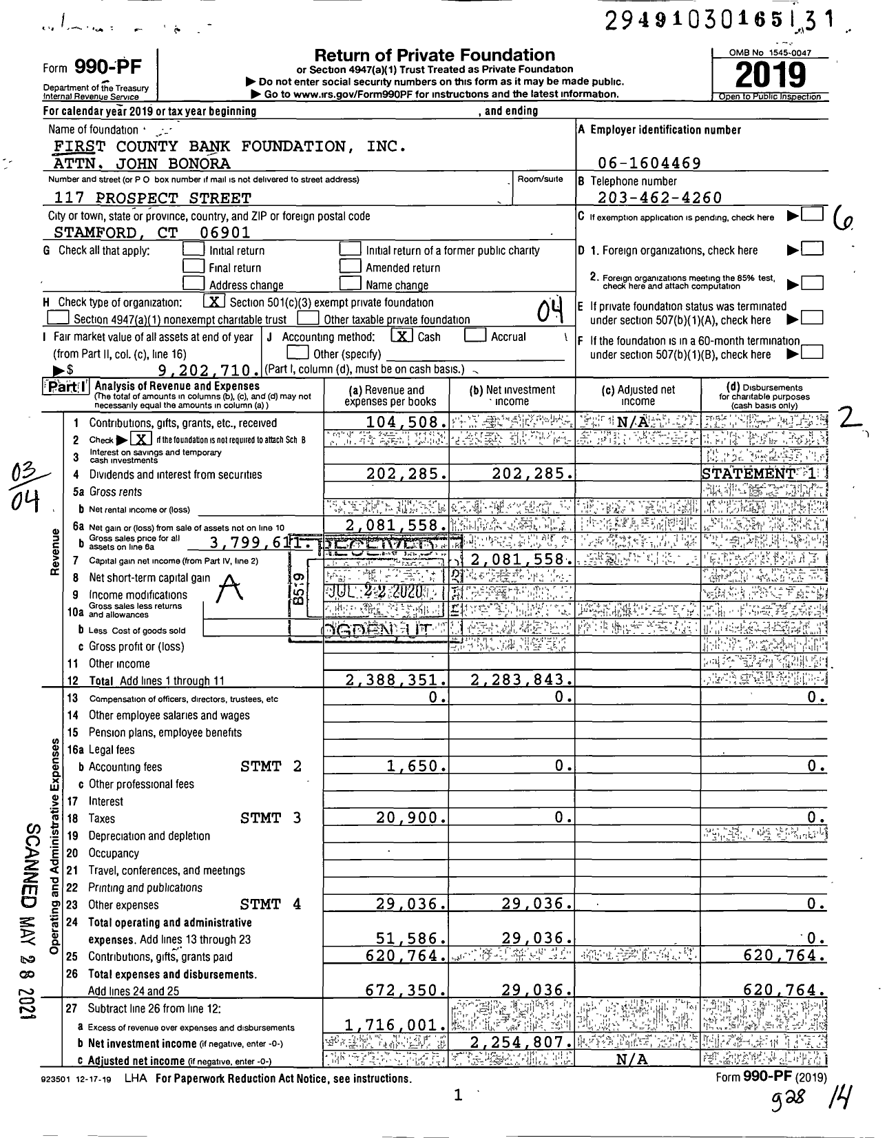 Image of first page of 2019 Form 990PF for First County Bank Foundation