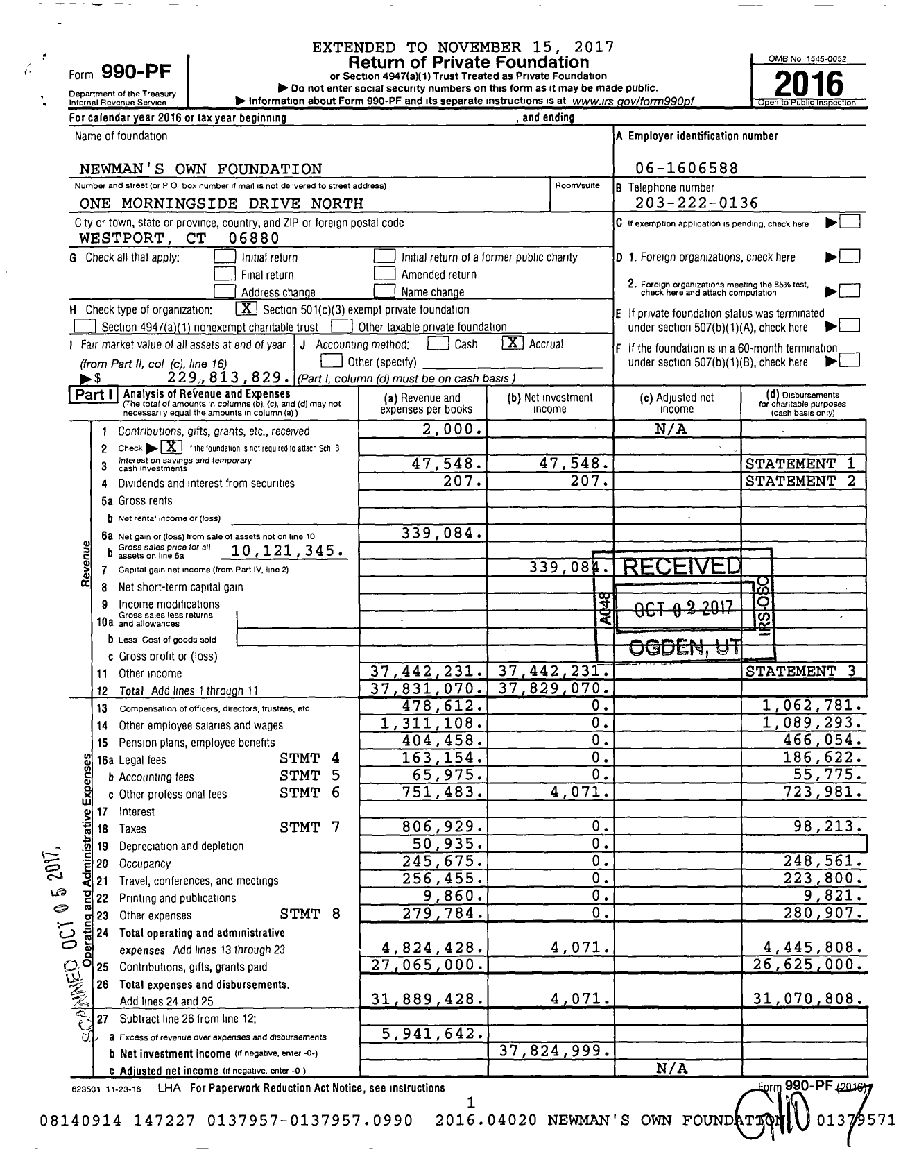 Image of first page of 2016 Form 990PF for Newman's Own Foundation