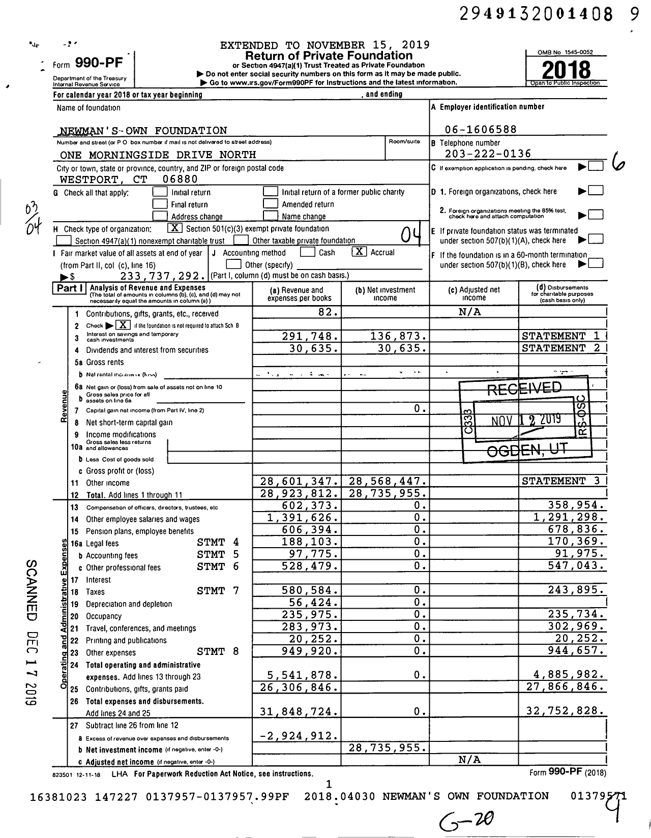 Image of first page of 2018 Form 990PF for Newman's Own Foundation