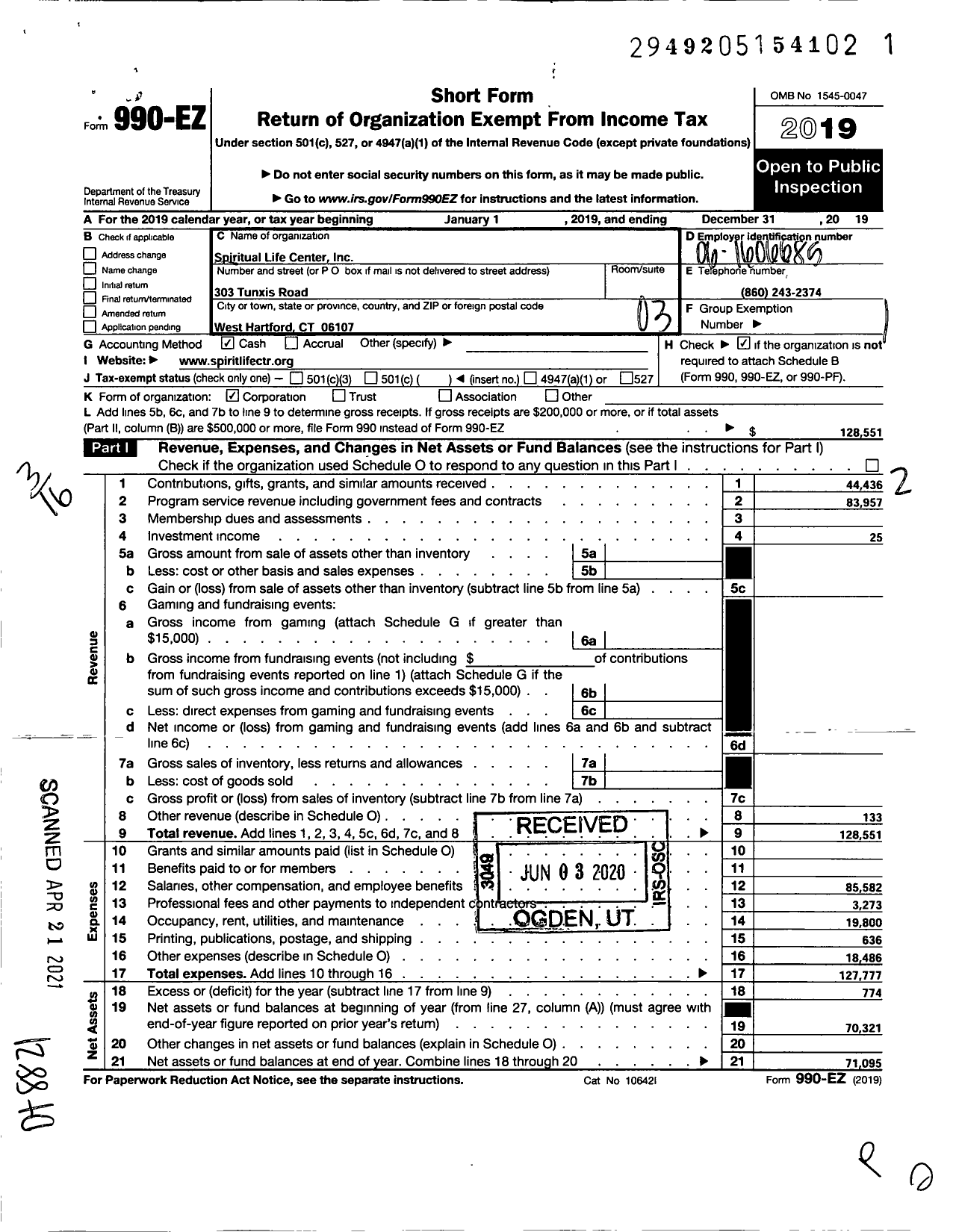 Image of first page of 2019 Form 990EZ for Spiritual Life Center